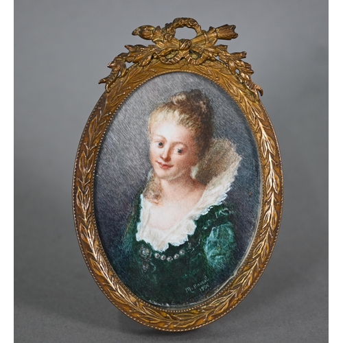 1084 - An early 20th century oval portrait miniature on ivory of a young lady in 17th century costume, sign... 