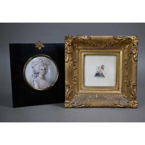 1085 - An antique portrait miniature on ivory of Marie Antoinette, signed LeBand, 7.5 cm diam to/w a waterc... 