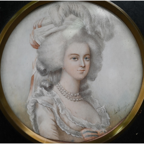 1085 - An antique portrait miniature on ivory of Marie Antoinette, signed LeBand, 7.5 cm diam to/w a waterc... 