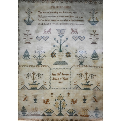 1090 - A George IV cross-stitch sampler, worked with sentimental verse, shrubs, birds and other animals, by... 