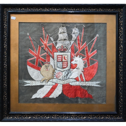 1092 - A Chinese silk longstitch British Naval trophy, 43 x 46 cm, mounted, framed and glazed, to/w a photo... 