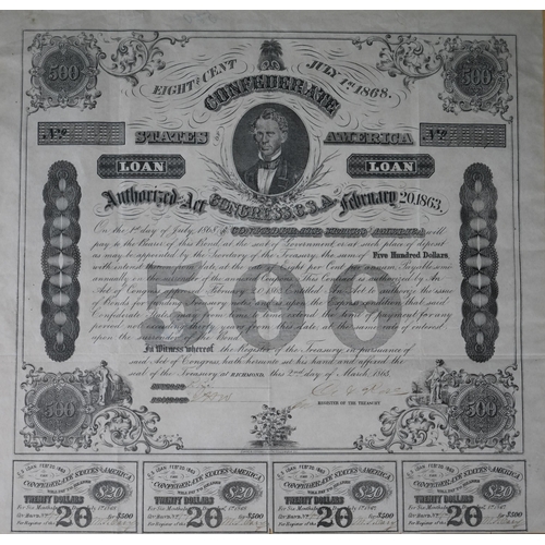 1093 - American Civil War - an 1863 Confederate States $500 loan certificate, mounted, framed and glazed to... 