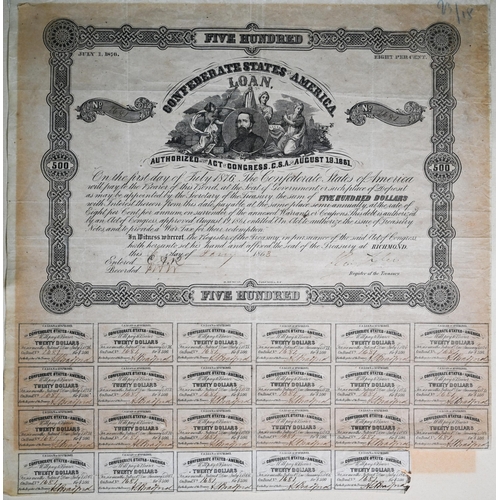 1093 - American Civil War - an 1863 Confederate States $500 loan certificate, mounted, framed and glazed to... 