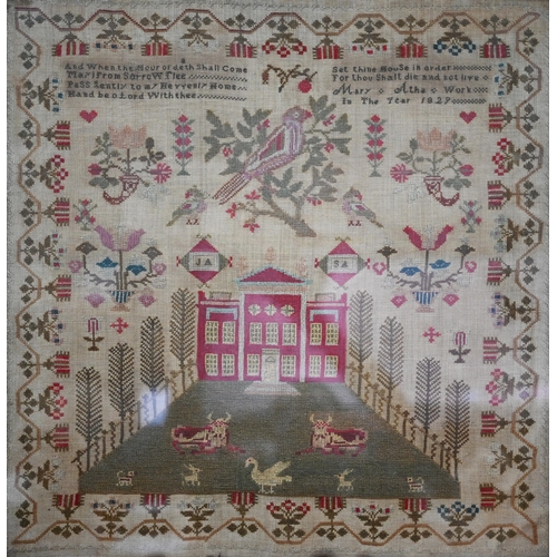 1094 - A George IV demi-point and crossstitch sampler, worked with religious verse, above a parrot in a tre... 