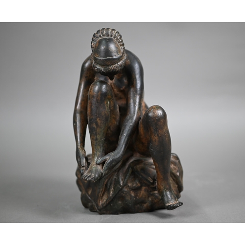 1102 - A patinated bronze nude study of a bather, unsigned, 21.5 cm high, after a renaissance bronze in the... 