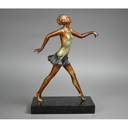 1104 - An Art Deco gold-patinated bronze figure of a striding girl in the manner of Lorenzl (unsigned), 21.... 