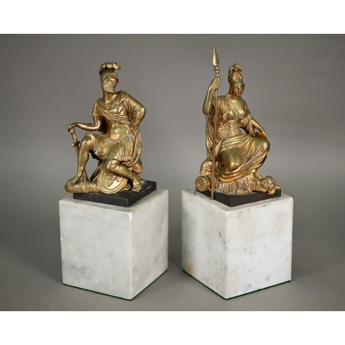 1109 - A pair of gilt bronze seated figures of Mars and Britannia, 15 cm high (unsigned), on marble block b... 