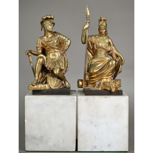 1109 - A pair of gilt bronze seated figures of Mars and Britannia, 15 cm high (unsigned), on marble block b... 