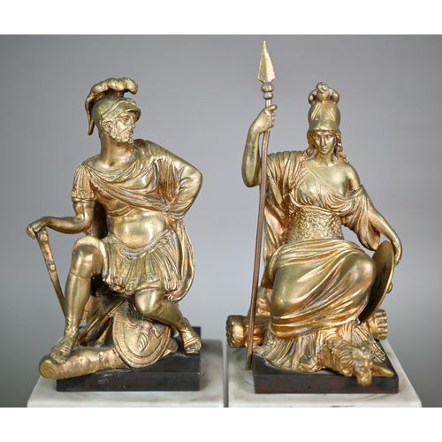 1109 - A pair of gilt bronze seated figures of Mars and Britannia, 15 cm high (unsigned), on marble block b... 