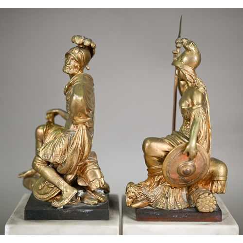 1109 - A pair of gilt bronze seated figures of Mars and Britannia, 15 cm high (unsigned), on marble block b... 