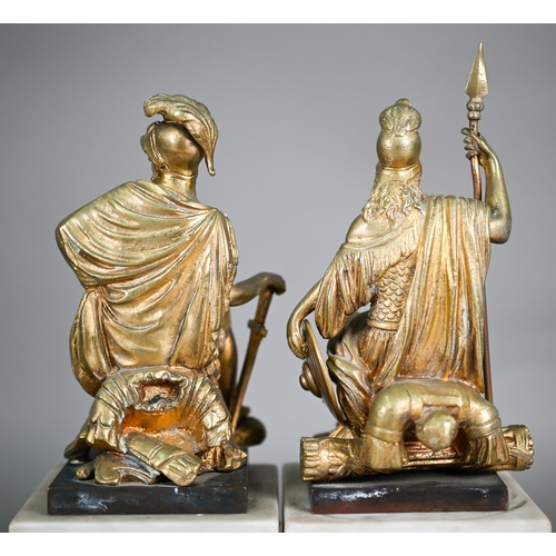 1109 - A pair of gilt bronze seated figures of Mars and Britannia, 15 cm high (unsigned), on marble block b... 