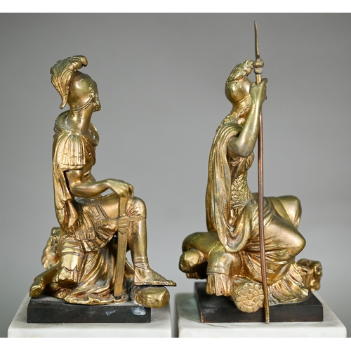 1109 - A pair of gilt bronze seated figures of Mars and Britannia, 15 cm high (unsigned), on marble block b... 