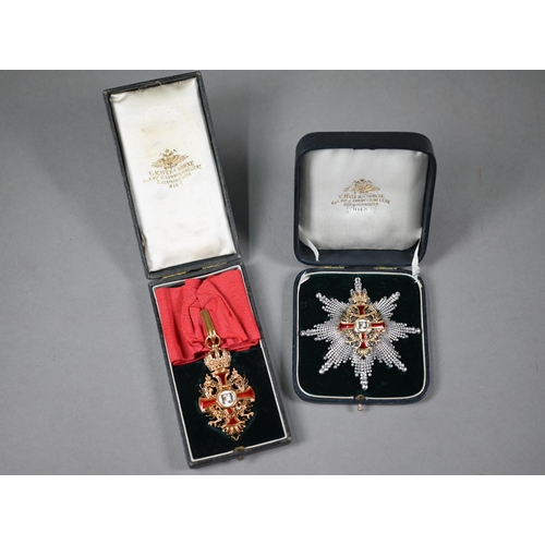 AMENDED ESTIMATE Imperial Austrian Order of Franz Joseph (1849) Commander with Star set, second type, post 1872, comprising: neck badge in 18ct gold and enamels (Gemsenkopf stamp 3A for 750 gold - on ring) by Vinc. Mayer's Sohne, Vienna, in original case of issue; Star marked C for 'Comtur' and stamped with Dianakopf 2A for 900 silver and 'A' twice (Vienna Assay mark) on the pin, application stamped with Gemsenkopf 3A for 750 gold, by Vinc. Mayer's Sohne, Vienna, in original case of issue. Extremely fine and rare (2)