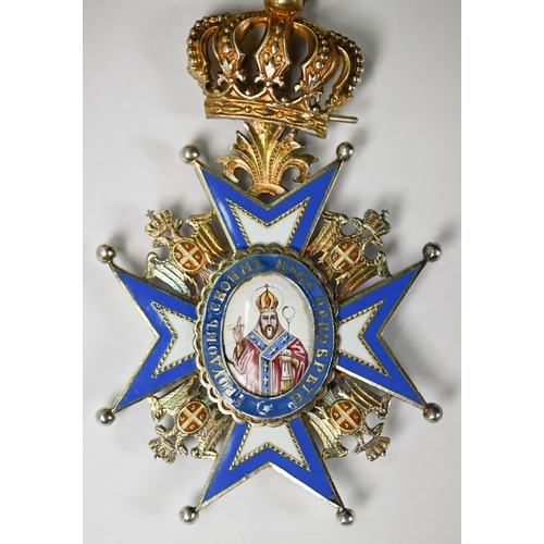 1112 - Order of Saint Sava, second type, Kingdom of Serbia Commander's neck badge with ribbon, silver gilt ... 