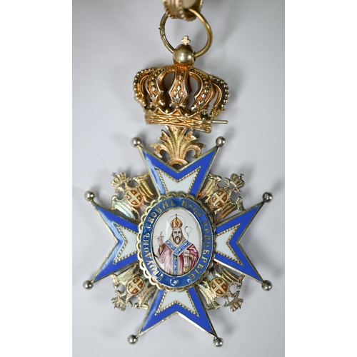 1112 - Order of Saint Sava, second type, Kingdom of Serbia Commander's neck badge with ribbon, silver gilt ... 