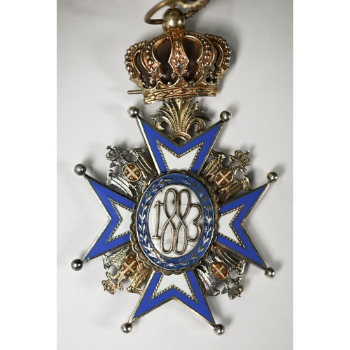 1112 - Order of Saint Sava, second type, Kingdom of Serbia Commander's neck badge with ribbon, silver gilt ... 