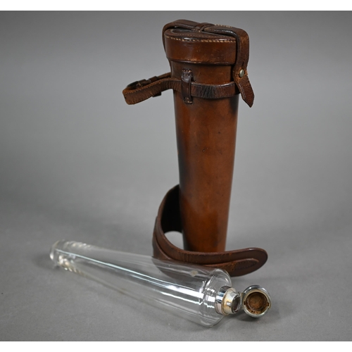 1137 - A vintage conical glass spirit flask with hinged ep bun cover, in stitched leather case, 24 cm long