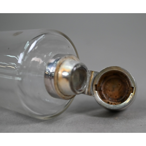 1137 - A vintage conical glass spirit flask with hinged ep bun cover, in stitched leather case, 24 cm long