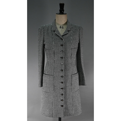 1190 - A Chanel Boutique coat dress in black and white houndstooth check wool, with high collar and small C... 