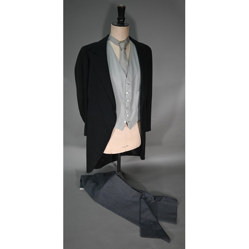 1193 - Four gentleman's morning suits - one black comprising tailcoat, waistcoat, grey and black striped tr... 