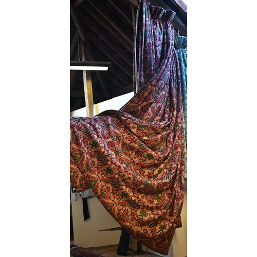 1209 - Four long country house curtains in red with stylised pomegranate and leaf decoration, triple pleat ... 