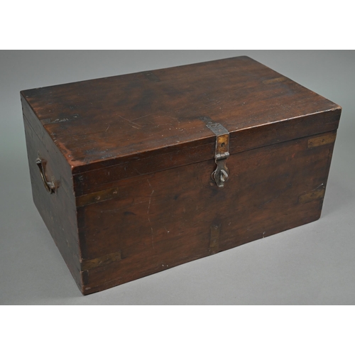 1221 - An antique brass-bound teak ditty-box with carrying handles, 46 cm wide x 28 cm deep x 23 cm high