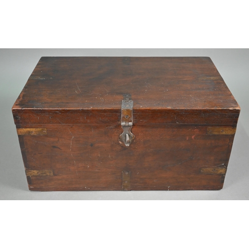 1221 - An antique brass-bound teak ditty-box with carrying handles, 46 cm wide x 28 cm deep x 23 cm high