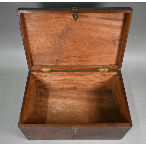 1221 - An antique brass-bound teak ditty-box with carrying handles, 46 cm wide x 28 cm deep x 23 cm high