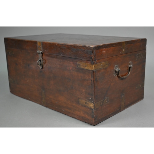 1221 - An antique brass-bound teak ditty-box with carrying handles, 46 cm wide x 28 cm deep x 23 cm high