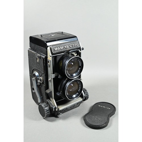 1222 - Three Mamiya C330 twin-lens reflex cameras with accessories