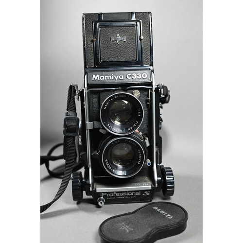 1222 - Three Mamiya C330 twin-lens reflex cameras with accessories