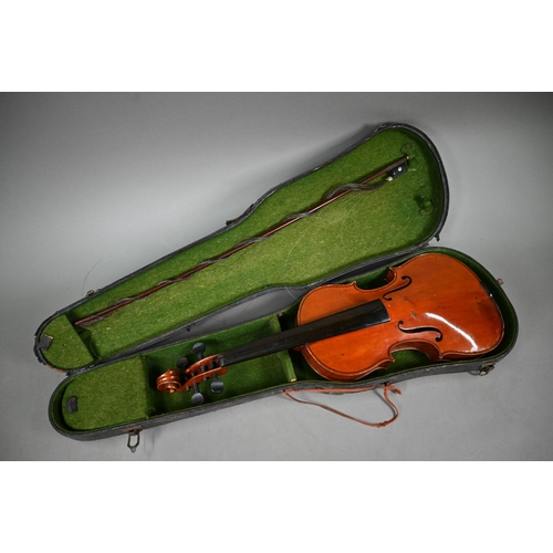 1227 - An antique violin with 35.5 cm two-piece flame mahogany back 60 cm long overall, with bow in case to... 