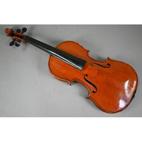 1227 - An antique violin with 35.5 cm two-piece flame mahogany back 60 cm long overall, with bow in case to... 