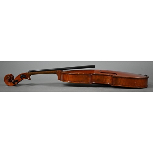 1227 - An antique violin with 35.5 cm two-piece flame mahogany back 60 cm long overall, with bow in case to... 