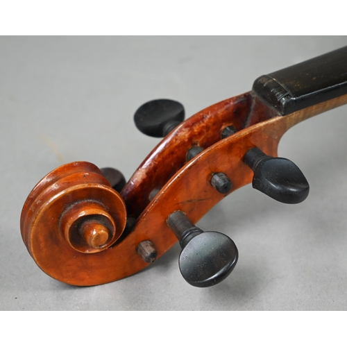 1227 - An antique violin with 35.5 cm two-piece flame mahogany back 60 cm long overall, with bow in case to... 