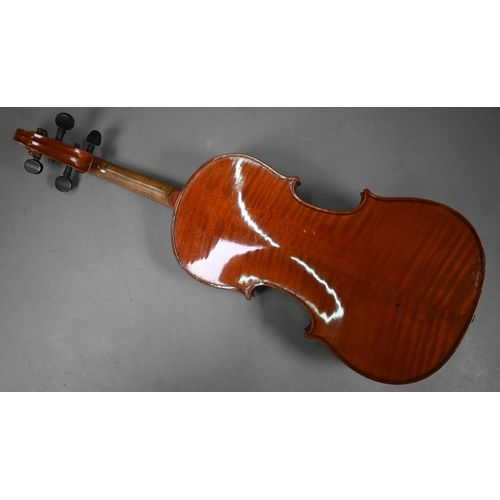 1227 - An antique violin with 35.5 cm two-piece flame mahogany back 60 cm long overall, with bow in case to... 