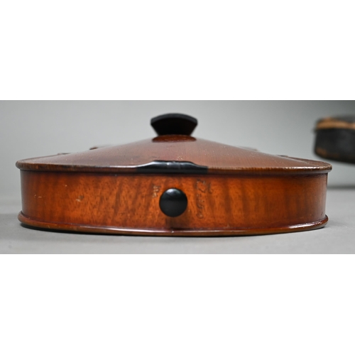 1227 - An antique violin with 35.5 cm two-piece flame mahogany back 60 cm long overall, with bow in case to... 