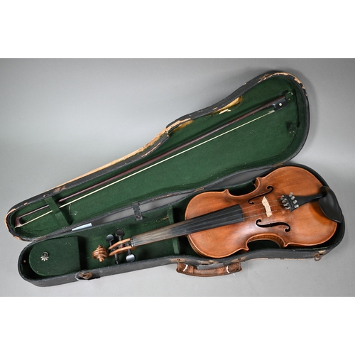 1227 - An antique violin with 35.5 cm two-piece flame mahogany back 60 cm long overall, with bow in case to... 