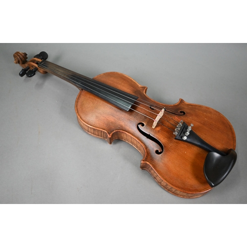 1227 - An antique violin with 35.5 cm two-piece flame mahogany back 60 cm long overall, with bow in case to... 