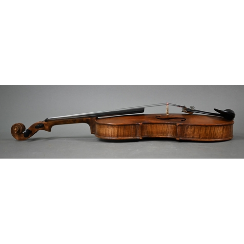 1227 - An antique violin with 35.5 cm two-piece flame mahogany back 60 cm long overall, with bow in case to... 