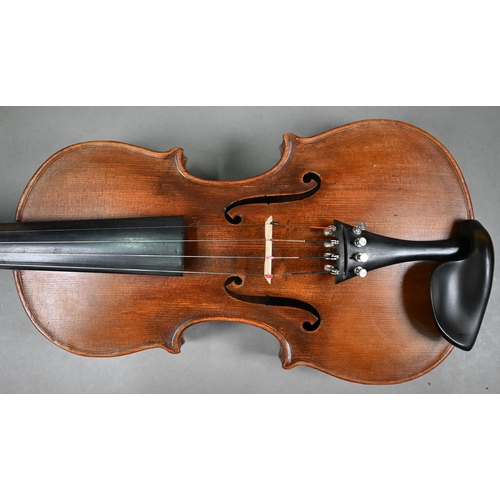 1227 - An antique violin with 35.5 cm two-piece flame mahogany back 60 cm long overall, with bow in case to... 