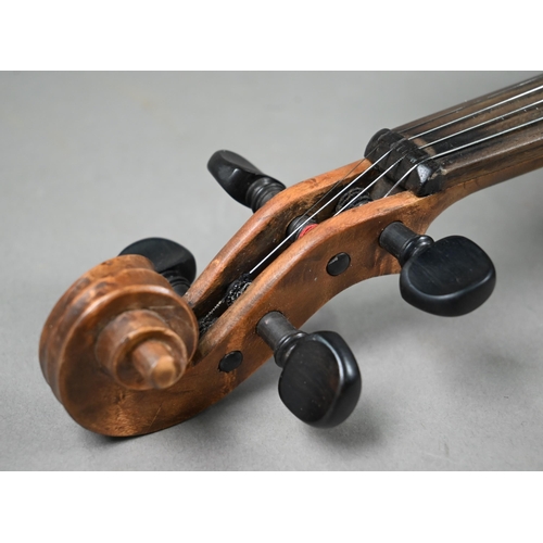 1227 - An antique violin with 35.5 cm two-piece flame mahogany back 60 cm long overall, with bow in case to... 