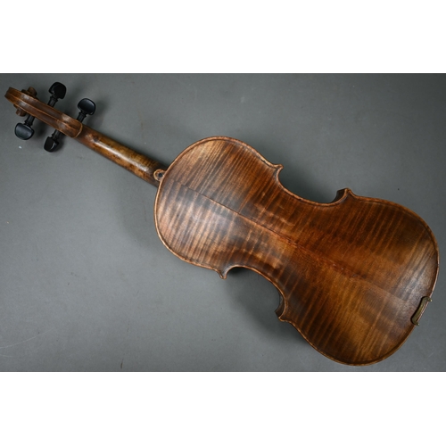 1227 - An antique violin with 35.5 cm two-piece flame mahogany back 60 cm long overall, with bow in case to... 