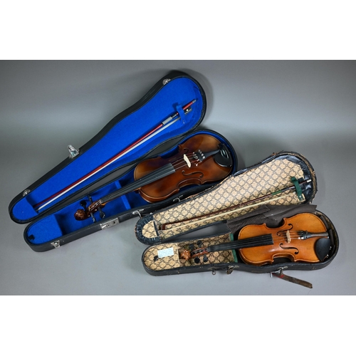 1228 - A modern child's violin with 33 cm back, in case with P & H bow, to/w a child's vintage violin w... 