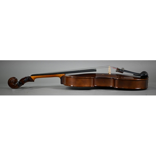 1228 - A modern child's violin with 33 cm back, in case with P & H bow, to/w a child's vintage violin w... 