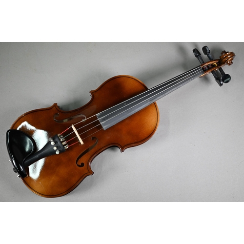 1228 - A modern child's violin with 33 cm back, in case with P & H bow, to/w a child's vintage violin w... 