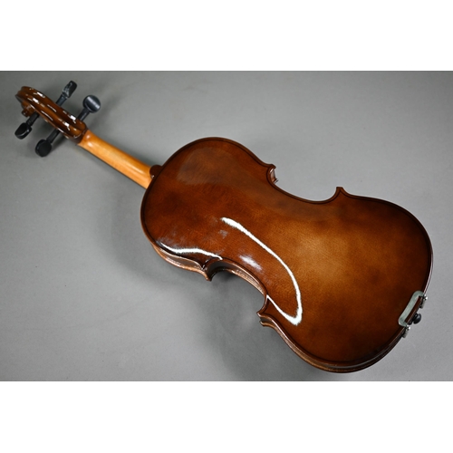 1228 - A modern child's violin with 33 cm back, in case with P & H bow, to/w a child's vintage violin w... 