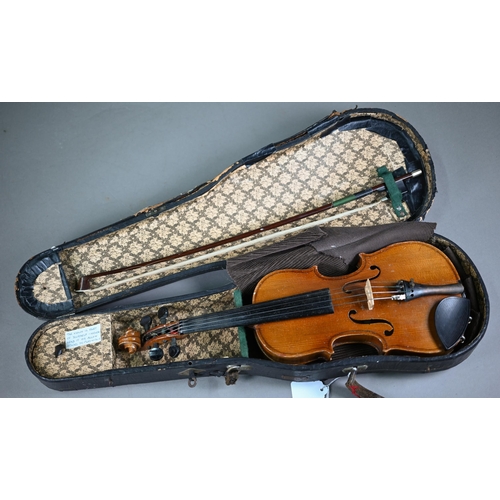 1228 - A modern child's violin with 33 cm back, in case with P & H bow, to/w a child's vintage violin w... 