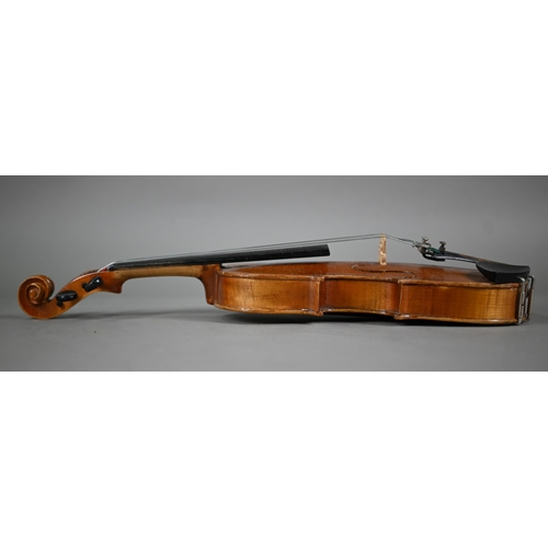 1228 - A modern child's violin with 33 cm back, in case with P & H bow, to/w a child's vintage violin w... 