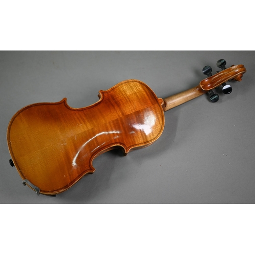 1228 - A modern child's violin with 33 cm back, in case with P & H bow, to/w a child's vintage violin w... 